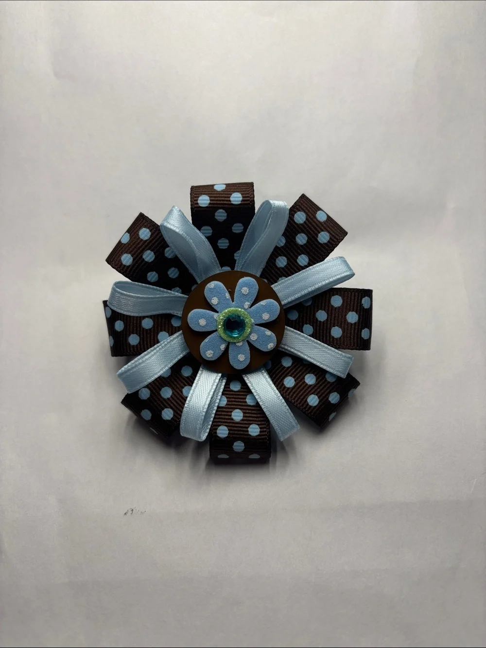 Blue & Brown Polka Dot Ribbon Flower Hair Bow